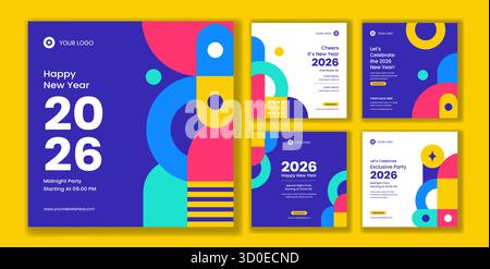 Happy New Year 2026 Flat Cartoon Social Media Post Hand Gezeichnete Vorlagen Illustration Stock Vektor