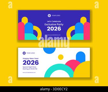 Flacher Cartoon Hand Gezeichnet Happy New Year 2026 Horizontale Banner Vorlagen Hintergrund Stock Vektor