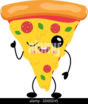 Karikatur Kawaii Pizzascheibe Charakter mit Peperoni, Käse und Zwinkern Ausdruck, isolierte Vektor-Illustration für Essen, Café und Aufkleber Design. Stock Vektor