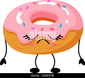 Niedlicher Donut im Cartoon-Stil mit pinkfarbener Glasur und traurigem Ausdruck. Lustige Kawaii-Essensfigur für Aufkleber, Drucke und Grafiken in sozialen Medien für Kinder. Stock Vektor
