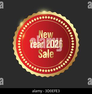 Luxuriöses, kreisförmiges Emblem mit roter Mitte und goldenem Rand, das den Neujahrsverkauf 2026 ankündigt. Das Design vermittelt eine hochwertige festliche Stimmung mit Metallic Stock Vektor