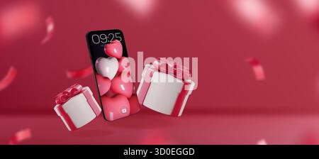 Romantisches Telefon-Mockup mit valentinsherzen und Geschenkboxen für die 3D-Präsentation zum Liebestag. Weiße Präsentationen, die von rosa Bändern in der Nähe des Smartphones umwickelt werden. Design des digitalen Zelebrierkonzepts. Stock Vektor
