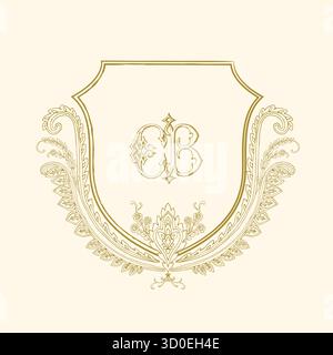 Elegantes goldenes CB-Monogramm-Schild mit verzierten Blumenakzenten. Stock Vektor