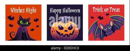 Ein Halloween-Kartenset mit Kürbissen, Fledermäusen und gruseligen Elementen, perfekt für Halloween-Feiern und Werbeaktionen. Stock Vektor