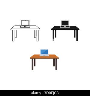Ein Satz von drei Symbolen, die einen Schreibtisch mit einem Laptop darstellen Stock Vektor
