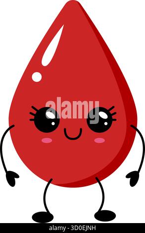 Kawaii Blood Drop Charakter mit fröhlichem Ausdruck, rundem Körper und kleinen Armen und Beinen in leuchtendem Rot, ideal für verspielte Il Stock Vektor