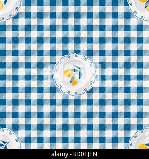 Mediterranes nahtloses Muster mit weißen Keramikplatten mit Zitronen auf Gingham-Hintergrund. Rustikales Vektor-Design Stock Vektor