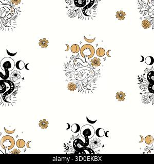 Nahtloses Muster mit mystischer Schlange mit Mondphase auf weißem Hintergrund mit Goldblumen. Wiederkehrende Strukturierte Handzeichnung Doodle. Vektorillustratio Stock Vektor
