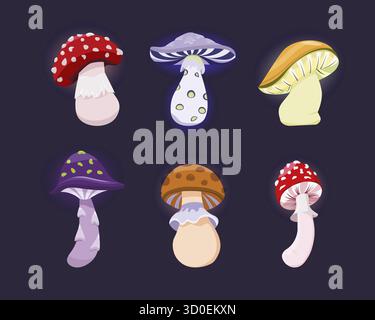 Giftpilze Cartoon Set für Zaubertrank, Märchenwald, Halloween Dekor. Vektorillustration auf dunklem Hintergrund Stock Vektor