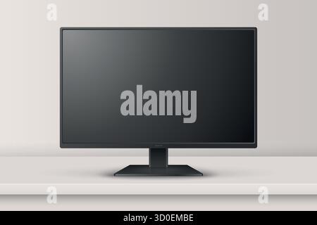 Vector 3D realistischer Monitor oder Fernseher auf dem Schreibtisch. Vorderansicht Minimalanzeige. Leerer Schwarzer Bildschirm, Monitormodell. Sauberer TV-Bildschirm, LCD-LED-Display-Design Stock Vektor