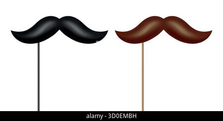Vektor-Schnurrbart-Requisiten auf Stöcken. Schwarzer und brauner Schnurrbart am Stick. Partyschnurrbart, Gentlemen Kostüm Prop, Dekor. Bart-Prop-Set für Selfie, Party Stock Vektor