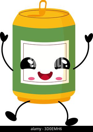 Grüne und gelbe Kawaii-Soda-Dose mit großen Augen und glücklichem Lächeln. Lustige Zeichentrickfigur isoliert auf weißem Hintergrund für Aufkleber, Verpackung, Café Desig Stock Vektor