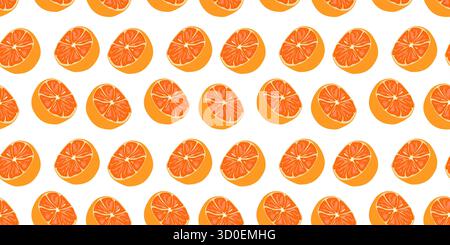 Ein nahtloses Muster mit süßen orangen Früchten mit grünen Blättern auf weißem Hintergrund, perfekt für frische Designs. Stock Vektor