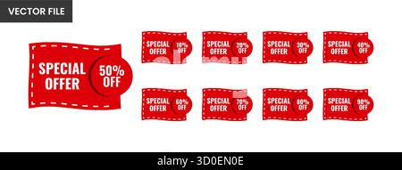 Satz roter Rabattschilder mit einem Rabatt von 10 bis 90 Prozent auf weißem Hintergrund perfekt für Verkaufsaktionen oder E-Commerce-Websites. Fettschrift Stock Vektor