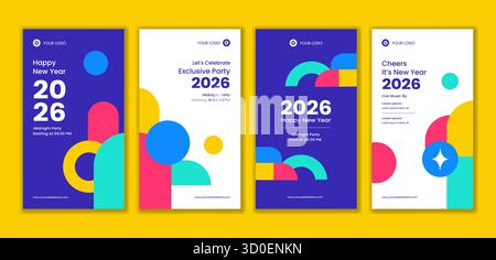Happy New Year 2026 Social Media Stories Flat Cartoon Hand Gezeichnete Vorlagen Illustration Stock Vektor