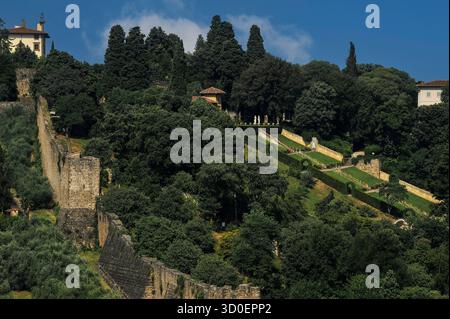 Die Verteidigungsmauer führt bergauf zum Fort Belvedere aus dem 16. Jahrhundert, über einem abschüssigen Pfad und den Bögen der zum UNESCO-Weltkulturerbe gehörenden Boboli-Gärten, hinter dem Pitti-Palast in Florenz, Toskana, Italien. Der Astronom Galileo Galilei (1564 – 1642) nutzte die Festung, um Sterne zu bestaunen, und die Großherzöge der Medici nutzten die Luxusvilla in Mauern als Rückzugsort in Zeiten der Unruhen und Epidemie. Stockfoto