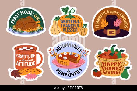 Thanksgiving-Label-Kollektion mit Lebensmitteln und Herbstelementen im handgezeichneten flachen Cartoon-Stil Stock Vektor
