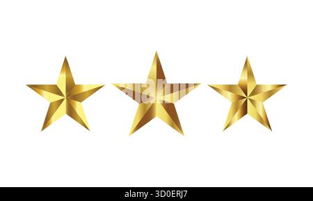 Drei Symbole Mit Goldenen Sternen – Horizontaler Satz Mit Metallischen Bewertungssymbolen. 3D drei goldene Sterne auf weißem Hintergrund Vektor Stock Vektor