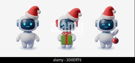 3D-Roboter AI Weihnachtsfiguren mit Weihnachtsgeschenken und -Ornamenten. Süße Chatbot-Maskottchen, digitale Assistenten in festlichen Weihnachtsmützen. Futuristischer KI-Roboter Stock Vektor