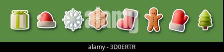 3D-Weihnachtsaufkleber mit Weihnachtsmütze, Geschenken, Keksen, Baum, Schneeflocken, Fäustlinge und Socken. Niedliche festliche Zeichentrickfiguren, Retro-Halbtoncollage Stock Vektor