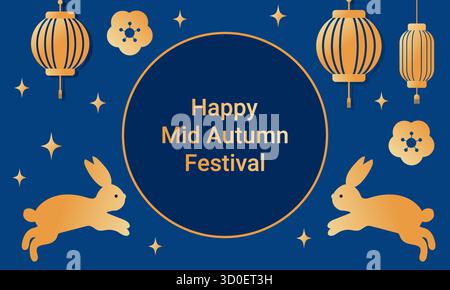 Dunkelblaues Fahnenbanner mit goldenen Hasen, Laternen, Blumen und Sternen im festlichen Stil. Stock Vektor
