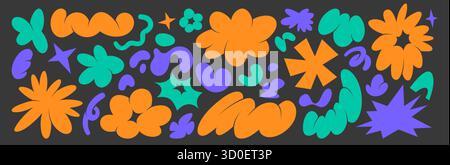 Kollektion mit groovigen Blob Shapes mit orangefarbenen Blumen, türkisfarbenen Wolken und violetten Sternen für Retro-Design. Organische Formen, wellige Linien und abstrakte Elemente in leuchtenden Farben sorgen für eine funkige Dekoration. Stock Vektor