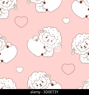 Nahtloses Muster mit niedlichem Schaf mit Herz auf weichem rosa Hintergrund. Linienzeichnung. Happy Holiday Valentine lustiges Kawaii Farm Tier. Vektorillustraten Stock Vektor