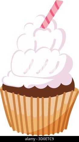 Süßer Cupcake mit Schlagsahne und gestreiftem Stroh. Vektor-Dessert-Illustration in bunten flachen Stil für Aufkleber, Café-Menü, Poster und PA Stock Vektor