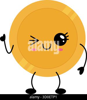 Verspielte goldene Münzillustration im Kawaii-Cartoon-Stil mit fröhlichem Ausdruck. Perfekt für Projekte im Finanz-, Erfolgs-, Belohnungs- oder Glücksbereich. Stock Vektor