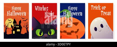Farbenfrohe und lebendige Halloween-Illustrationen, die perfekt für festliche Dekorationen und Veranstaltungen geeignet sind Stock Vektor