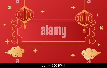 Ein festliches rotes Banner mit chinesischen Laternen, Wolken und Sterndekorationen für chinesische Neujahrsfeiern. Perfekt für Weihnachtsgrüße und Dekoraten Stock Vektor