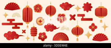 Eine Sammlung von Elementen im chinesischen Neujahrsstil, darunter Windlichter, Blumen, Wolken und andere traditionelle Dekorationen, perfekt für festliche Designs Stock Vektor