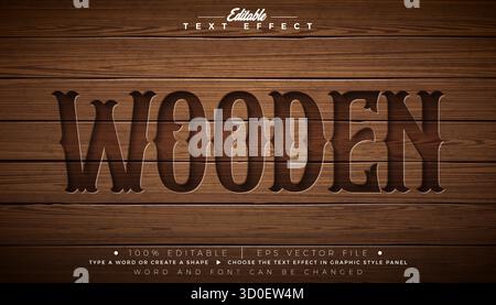 Hölzerner editierbarer Texteffekt-Design-Vektor-grafischer Stil mit Vintage Western Typografie Schriftzug und Schatten auf hölzernem Hintergrund. Skalierbare Gravur Stock Vektor