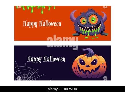 Halloween-Banner-Set mit Kürbissen, Monster und gruseligen Grafiken, perfekt für festliche Aktionen und saisonale Veranstaltungen. Stock Vektor