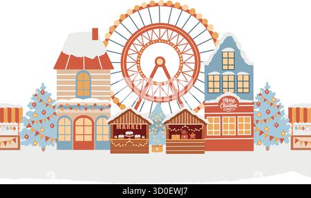 Nahtloser Vektorrahmen. Winter-Vergnügungspark, Weihnachtsmarkt, Winterstadt, Weihnachtsstraße. Weihnachtsfest, Riesenrad, Weihnachtsbaum, Stock Vektor