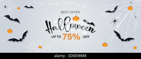 Halloween Sale Bestes Angebot bis zu 75 Prozent Rabatt auf Kürbisse Fledermäuse und Spinnen Vektor Illustration Stock Vektor