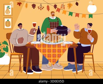 Thanksgiving Dinner Komposition mit Gästen und truthahn auf festlichem Tisch in handgezeichnetem flachen Stil serviert Stock Vektor