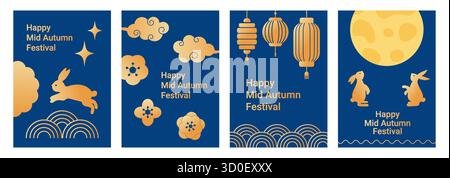 Grußkarten zum Mittherbstfest mit goldenen Laternen und Mondmotiven auf dunkelblauem Hintergrund. Stock Vektor
