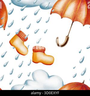 Regenschirm und Gummistiefel im Herbst mit nahtlosem Muster in Gelb-Orange mit gestrickten Bündchen, regnerischen Wolken und Regentropfen in Aquarellfarben und Farbstiften gemischt Stockfoto