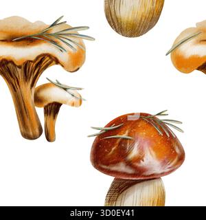 Nahtloses Herbstmuster mit Pfifferlingen, braunem Birkenboletus, rotem Kappenboletuspilz mit Kiefernnadeln, die als Symbole der herbstlichen Gelassenheit dienen Stockfoto