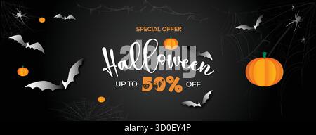 Halloween Sale Bestes Angebot bis zu 75 Prozent Rabatt auf Kürbisse Fledermäuse und Spinnen Vektor Illustration Stock Vektor