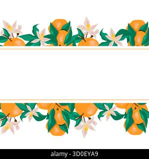 Ein dekorativer orangener Kranz mit frischen Orangen, grünen Blättern und weißen Blumen auf einem sauberen weißen Hintergrund. Stock Vektor