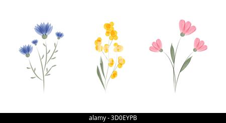 Aquarellgrafik zeigt ein Set aus drei zarten Blumenarrangements. Blumen in Blau-, Gelb- und Rosa-Tönen stehen vor einem klaren weißen Hintergrund. Stock Vektor