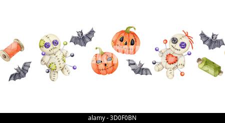 Aquarellillustration mit nahtlosem Rand, von Hand gezeichnet mit Kürbissen, Fledermäusen, Voodoo-Puppen und Süßigkeiten. Hervorragend geeignet für Halloween-Produktverpackungen, Aufkleber und digitale Einladungen. Stockfoto