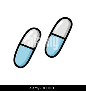 Niedliche handgezeichnete Kritzelillustration von zwei blauen und weißen Kapseln in flacher Vektorart. Perfekt für Gesundheitswesen, Apotheke, Bildung, Infografiken, an Stock Vektor