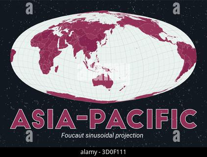Asien-Pazifik. Weltkarte. Foucault sinusförmige Projektion mit Schwerpunkt Asien-Pazifik. Helle mintfarbene und dunkelrosa Farbpalette. Vintage-Textur. Stock Vektor
