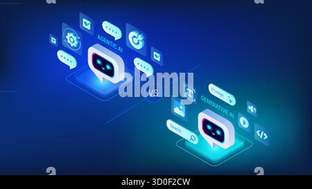 Agentic AI vs Generative AI Konzept Infografiken - isometrischer Technologievektor - Hauptunterschied Agentic AI ergreift Maßnahmen und zielorientiert, generativ Stock Vektor