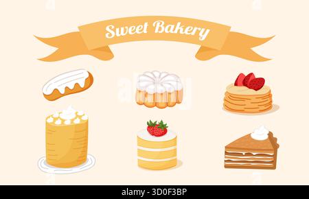 Vektor-Illustration des süßen Bäckerei-Sets einschließlich Kuchen, Gebäck und Desserts in flachem bunten Stil, perfekt für Karten, Poster, Aufkleber und Menü Stock Vektor