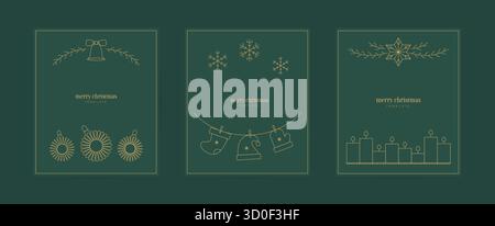 Einfache Linie Frohe Weihnachten, Happy New Year Banner, Poster, Karte, Einladungsdesigns. Niedliche minimalistische Vektor-Winterschablonen mit weihnachtsbaumspielzeug Stock Vektor