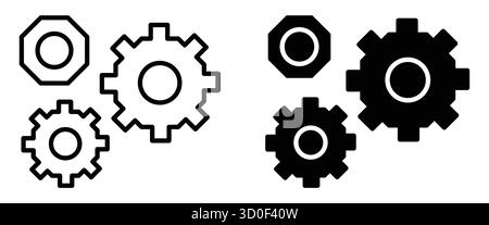 Dieses Bild zeigt ein klares Design von Getriebesymbolen in Schwarz-weiß, perfekt für Konzepte in Bezug auf Technik, Technologie und Maschinenbau. Stock Vektor